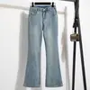 Foto Real de Jeans Acampanados Adelgazantes para Mujer, Nuevo Estilo Otoño, Tallas Grandes para Figuras Curvilíneas, Pantalones Acampanados Elásticos de Cintura Alta