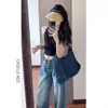 Jeans retro desgastados azul oscuro adelgazantes de cintura alta de pierna ancha para mujer, nuevos pantalones rectos de pierna ancha con caída suelta para primavera y otoño, de largo hasta el suelo