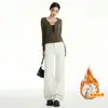 Jeans Rectos de Pierna Ancha Forrados de Polar para Mujer, Otoño e Invierno Cintura Alta Adelgazantes Holgados de Caída Recta Hasta el Suelo Pantalones para Mujer A9849