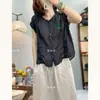 Chal de Ramio con Encaje de Retazos Cuello en V Manga Corta Verano Nuevo Holgado Camisa para Mujer Top Reductor de Edad