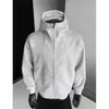 Moletom com capuz masculino estilo high street americano, modelagem solta, gola alta estruturada, cardigã patchwork, jaqueta com design de outono