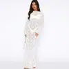 Vestido de Ropa Europea y Americana Transfronteriza 2024 Otoño e Invierno Nuevo Color Puro Encaje Transparente Manga Larga Largo Medio para Vacaciones de Mujer