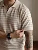 Camiseta de Punto Color Block a Rayas Retro para Hombre, Nuevo Estilo de Verano con Cuello de Gaviota, Camiseta Básica Versátil Casual de Manga Corta Calibre 14