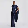 Vestido de Cetim Europeu e Americano de Alta Qualidade com Design de Gola Sobreposta, Decoração de Fita Lateral Única e Corte Elegante Justo, Atacado