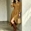 2026 Nuevo Vestido Camisa Khaki de Otoño Transfronterizo Europeo y Americano para Amazon, Ajustado a la Cintura con Abertura, de Longitud Media