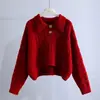 Tricô Folgado Gola Polo Estilo Coreano 2026 Outono/Inverno Novo Moda Solta Cor Sólida Tricô Trançado Suéter Feminino