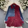 Camisa de manga larga estilo Hong Kong retro para mujer, otoño e invierno, costuras irregulares, diseño holgado de mezclilla, top con temperamento