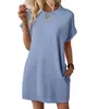 Estação Independente da Amazon Transfronteiriça Europeia e Americana Verão 2025 Novo Vestido Solto de Gola Redonda com Bolso Cor Sólida de Manga Curta para Mulheres