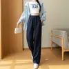 Calça de Moletom Casual de Algodão Plus Size Outono Primavera Feminina Cintura Alta Emagrecedora Outono Fina Cordão Barra Estreita MM Perna Larga Esportiva Calça Longa