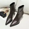 Botines Retro de Punta Marrones con Tacón Alto para Mujer, Tacón Fino, Nuevos Primavera/Verano 2026, Botas Versátiles de Tacón Medio Adelgazantes, Botas de Cuero para Mujer
