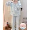 Pijama estilo princesa coreana para mujer, primavera y otoño, con copas en el pecho, encaje, manga larga, conjunto de ropa de casa de algodón nube, se puede usar para salir