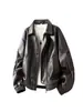Jaqueta de couro masculina preta com gola virada, corte solto, casaco casual, forrada com fleece para aquecimento, estilo motociclista, design moderno