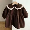 Novo Estilo Coreano Ins Roupas Femininas Infantis Primavera e Outono Vestido Doce Veludo Menina Vestido Princesa Gola de Renda Manga Longa