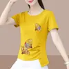 2026 Novo Modelo Camiseta de Manga Curta para Mãe de Comércio Exterior para Mulheres, Corte Solto, Tamanho Grande, Emagrecedor, Cobre a Barriga, Top Estampado de Meia Manga