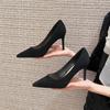 Salto Alto de Camurça Preta, Salto Stiletto Feminino, Bico Fino, Tamanho Grande, Moda Europeia e Americana, Decote Raso, Sapatos da Moda de Salto Médio, Primavera & Outono