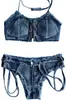 Traje de Banho Cowboy Roupa Sexy Gola Halter Renda no Peito Biquíni com Fenda Roupa de Praia Boate Pole Dance Escrita Privada