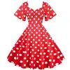 C Comércio Exterior Moda Feminina Estilo Ocidental Retrô Nova Chegada Estilo Viagem Vestido para Reunião Anual Bainha Ondulada Manga Curta Poá Comprimento Midi Saia de Grande Balanço