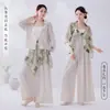 Conjunto de atuendo de té Zen estilo chino para mujer, tacto de algodón y lino, cárdigan holgado, delantal estampado, atuendo de baile, conjunto de tres piezas para uso diario