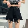 Shorts de Mezclilla Rasgados Negros para Mujer 2024 Nuevo Ins Trendy Casual Borde Crudo Hot Pants Cintura Alta Línea A Pierna Ancha