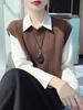 Chaleco de punto de lana pura trenzada vintage con cuello redondo para mujer, elegante, holgado, apilado, sin mangas