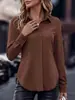 Camisa Elegante para Mujer de Estilo Europeo y Americano, Color Sólido, Cuello Solapa, Manga Larga, Cintura Ceñida, Dobladillo Curvo, para Viajes al Trabajo