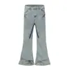 Jeans estilo americano, de calle, lavados y desgastados vintage, unisex, con detalles de grietas de rayo, corte holgado, ligeramente acampanados y diseño de pierna ancha larga.