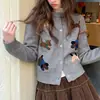 Suéter tejido lindo con bordado de perrito para mujer, cárdigan de punto, top retro simple suelto estilo coreano para otoño e invierno