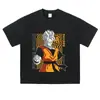 Camiseta de manga corta con estampado de anime, acabado lavado y desgastado de alta resistencia, corte holgado, hombros caídos, estilo streetwear americano, casual unisex de manga corta