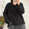 2025 Hilo de Algodón de Doble Capa Holgada Talla Grande Color Sólido Botón Estilo Chino Camisa de Manga Larga Camiseta Camisa para Mujer Talla Grande