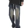 Calça Jeans Masculina Retrô Primavera Outono 2026 Americana Perna Larga Casual Longa Cordão Versátil Solta Lavada Perna Reta