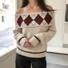 Suéter Tricot Casual Preguiçoso de Gola Lapela Ombro Único com Estampa de Losangos - Novo Estilo Outono/Inverno Europeu e Americano da Amazon para Mulheres