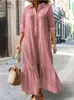 2026 Nuevo Estilo Europeo y Americano de Comercio Exterior Vestido Largo Irregular de Algodón y Lino con Cuello de Camisa y Botones Retorcidos Vestido Casual