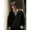 Padrão xadrez pied-de-poule outono e inverno, design falso de duas peças, polo com zíper parcial, camiseta masculina de manga longa, gola de camisa, camada interna, camada base