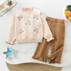 Conjunto de Suéter Infantil Outono e Inverno Novo Estilo Menina Pérolas Gola Redonda Malha Conjunto Calça Estilo Coreano Estilo Ocidental Conjunto de Suéter Calça