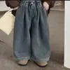 Pantalones para niños, estilo coreano, nueva colección de invierno: pantalones vaqueros rectos retro con forro de forro polar para niñas, pantalones elegantes y gruesos hasta el suelo para niños