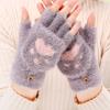 Guantes de Garra de Gato de Dibujos Animados Nuevos y Lindos Transfronterizos Venta al por Mayor de Invierno Cálidos con Forro de Felpa Engrosados de Medio Dedo con Cubierta Plegable Guantes de Punto para Mujer