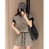Comercio Exterior Transfronterizo Estilo Coreano Casual Traje de Dos Piezas para Mujer Rayas Manga Corta Sudadera Adelgazante Reductor de Edad Moda Deportiva Conjunto de Moda