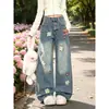 Jeans de retazos a cuadros de dibujos animados Chao Li Youhuo para mujer, nuevos pantalones rectos de cintura alta adelgazantes de verano, pantalones de pierna ancha versátiles