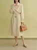 Trench coat de lapela dupla off-white para mulheres, novo estilo primavera e outono 2026, casaco de comprimento médio de alta qualidade, top elegante