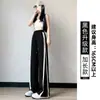 Calça Esportiva Listrada de Seda Gelo Preta para Mulheres, Novo Estilo Espessado de Outono 2026, Calça Casual Reta de Perna Larga, Tamanhos Petite e Plus Size