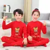 Roupa Térmica Benmingnian Infantil Algodão Puro Meninos e Meninas Ano Novo Vermelho Grande Ano do Serpente Roupas de Outono para Jovens Calças de Outono Inverno