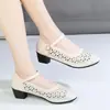 Novas sandálias femininas de malha vazada, estilo Mary Jane retrô, salto grosso, sola macia respirável, sapatos de mãe, sapatos de verão da moda
