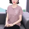 Roupas para Mãe 2026 Verão Nova Camiseta Feminina Bordada de Manga Curta Moda Casual Patchwork Solta Emagrecedora Top para Mulheres