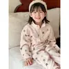 Conjunto de Pijama de Lã Coral Outono/Inverno para Crianças (Meninos e Meninas), Pijama de Zíper Meio e Gola Alta com Desenho, Conjunto de Duas Peças Espesso