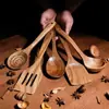Espátula Pequeña de Madera de Acacia, Espátula de Madera para Sartén Antiadherente, Cuchara Sopera de Madera con Mango Largo, Cuchara Pequeña de Madera para Arroz, Juego de Espumadera para Fideos de Madera de Teca