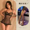 Guino Lingerie Sexy de Verão em Malha Transparente Roupão de Dormir Sexy e Quente em Gaze Transparente com Gola Halter Costas Abertas Conjunto