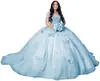 Novo Vestido de Noite Azul com Cauda Borboleta Tridimensional Vestido de Debutante com Um Ombro Vestido de Princesa Aplique de Flor Tridimensional