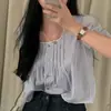 Blusa Top Feminina Listrada Azul com Renda Patchwork Estilo Coreano Doce e Gentil Roupas Femininas Novo Estilo Verão 2026