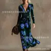 Vestido Transfronteiriço Novo Estilo com Decote em V e Mangas Longas com Elementos de Impressão Digital 3D, Saia Fashion e Personalizada para Marcar a Cintura para Mulheres