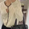Suéter de Lana 100% Pura de Cuello Redondo para Mujer Cárdigan de Punto Otoño e Invierno Nuevo Artesanía Diamante Diseño Contrastante Chaqueta Suéter